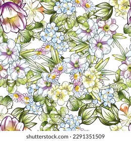 Abstract seamless pattern with plants, herbs and flowers, botanical illustration.