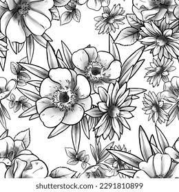 Abstract seamless pattern with plants, herbs and flowers, botanical illustration.