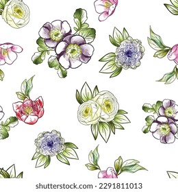 Abstract seamless pattern with plants, herbs and flowers, botanical illustration.