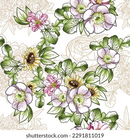 Abstract seamless pattern with plants, herbs and flowers, botanical illustration.