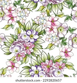 Abstract seamless pattern with plants, herbs and flowers, botanical illustration.