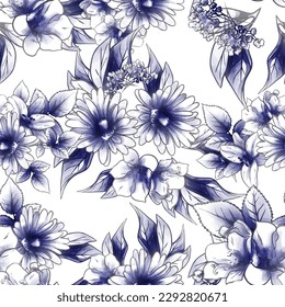 Abstract seamless pattern with plants, herbs and flowers, botanical illustration.