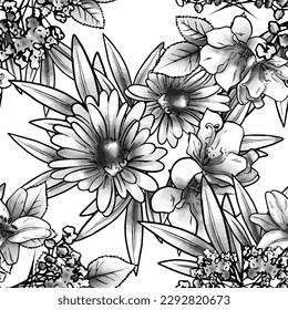 Resumen de patrón sin fisuras con plantas, hierbas y flores, ilustración botánica.