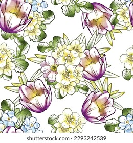 Abstract seamless pattern with plants, herbs and flowers, botanical illustration.