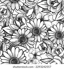 Abstract seamless pattern with plants, herbs and flowers, botanical illustration.