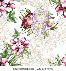 Abstract seamless pattern with plants, herbs and flowers, botanical illustration.