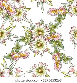 Abstract seamless pattern with plants, herbs and flowers, botanical illustration.