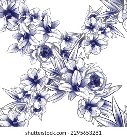 Abstract seamless pattern with plants, herbs and flowers, botanical illustration.