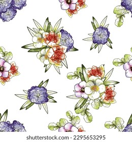 Abstract seamless pattern with plants, herbs and flowers, botanical illustration.