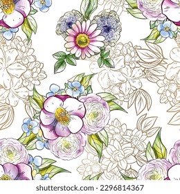 Abstract seamless pattern with plants, herbs and flowers, botanical illustration.