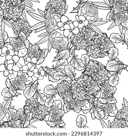 Resumen de patrón sin fisuras con plantas, hierbas y flores, ilustración botánica.