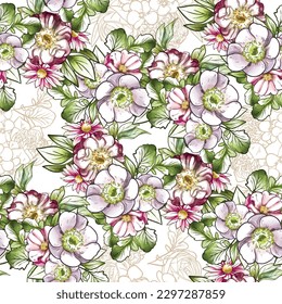 Abstract seamless pattern with plants, herbs and flowers, botanical illustration.