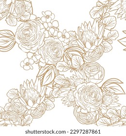 Abstract seamless pattern with plants, herbs and flowers, botanical illustration.