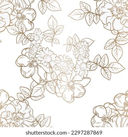Abstract seamless pattern with plants, herbs and flowers, botanical illustration.