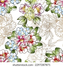 Abstract seamless pattern with plants, herbs and flowers, botanical illustration.