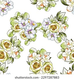 Abstract seamless pattern with plants, herbs and flowers, botanical illustration.