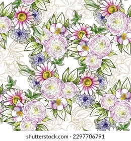 Abstract seamless pattern with plants, herbs and flowers, botanical illustration.