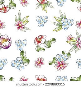 Abstract seamless pattern with plants, herbs and flowers, botanical illustration.