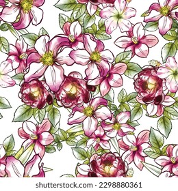 Abstract seamless pattern with plants, herbs and flowers, botanical illustration.
