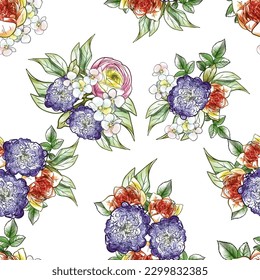 Resumen de patrón sin fisuras con plantas, hierbas y flores, ilustración botánica.