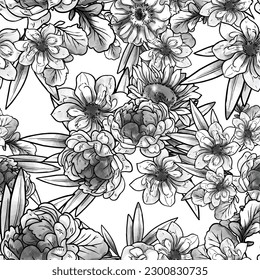 Resumen de patrón sin fisuras con plantas, hierbas y flores, ilustración botánica.