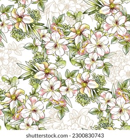 Abstract seamless pattern with plants, herbs and flowers, botanical illustration.