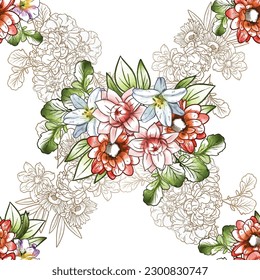 Abstract seamless pattern with plants, herbs and flowers, botanical illustration.