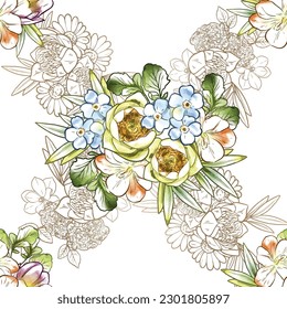 Resumen de patrón sin fisuras con plantas, hierbas y flores, ilustración botánica.