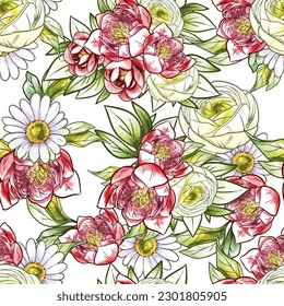 Abstract seamless pattern with plants, herbs and flowers, botanical illustration.