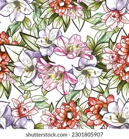 Abstract seamless pattern with plants, herbs and flowers, botanical illustration.