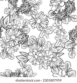 Abstract seamless pattern with plants, herbs and flowers, botanical illustration.