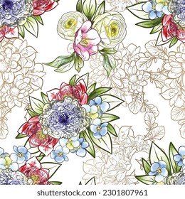 Abstract seamless pattern with plants, herbs and flowers, botanical illustration.
