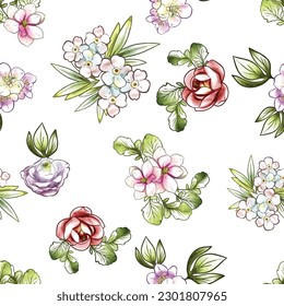 Resumen de patrón sin fisuras con plantas, hierbas y flores, ilustración botánica.