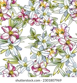 Abstract seamless pattern with plants, herbs and flowers, botanical illustration.