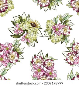 Abstract seamless pattern with plants, herbs and flowers, botanical illustration.