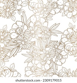 Abstract seamless pattern with plants, herbs and flowers, botanical illustration.