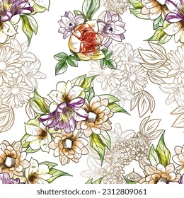 Abstract seamless pattern with plants, herbs and flowers, botanical illustration.