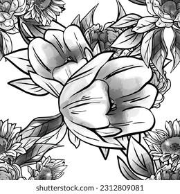 Abstract seamless pattern with plants, herbs and flowers, botanical illustration.