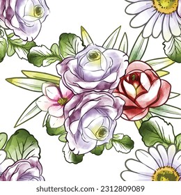 Abstract seamless pattern with plants, herbs and flowers, botanical illustration.