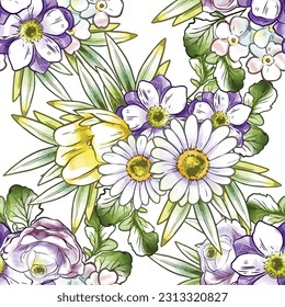 Abstract seamless pattern with plants, herbs and flowers, botanical illustration.