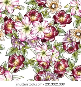 Abstract seamless pattern with plants, herbs and flowers, botanical illustration.