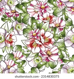 Abstract seamless pattern with plants, herbs and flowers, botanical illustration.