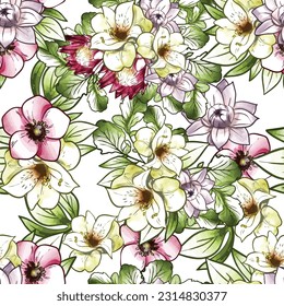 Abstract seamless pattern with plants, herbs and flowers, botanical illustration.