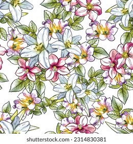 Abstract seamless pattern with plants, herbs and flowers, botanical illustration.