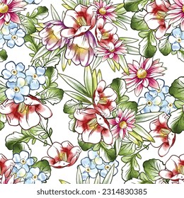 Abstract seamless pattern with plants, herbs and flowers, botanical illustration.