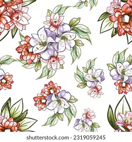 Abstract seamless pattern with plants, herbs and flowers, botanical illustration.