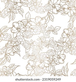 Abstract seamless pattern with plants, herbs and flowers, botanical illustration.