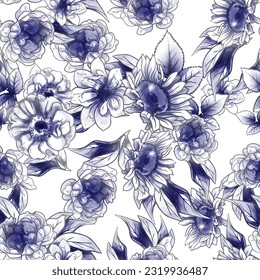 Abstract seamless pattern with plants, herbs and flowers, botanical illustration.
