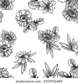 Abstract seamless pattern with plants, herbs and flowers, botanical illustration.