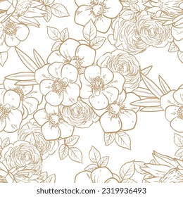 Abstract seamless pattern with plants, herbs and flowers, botanical illustration.